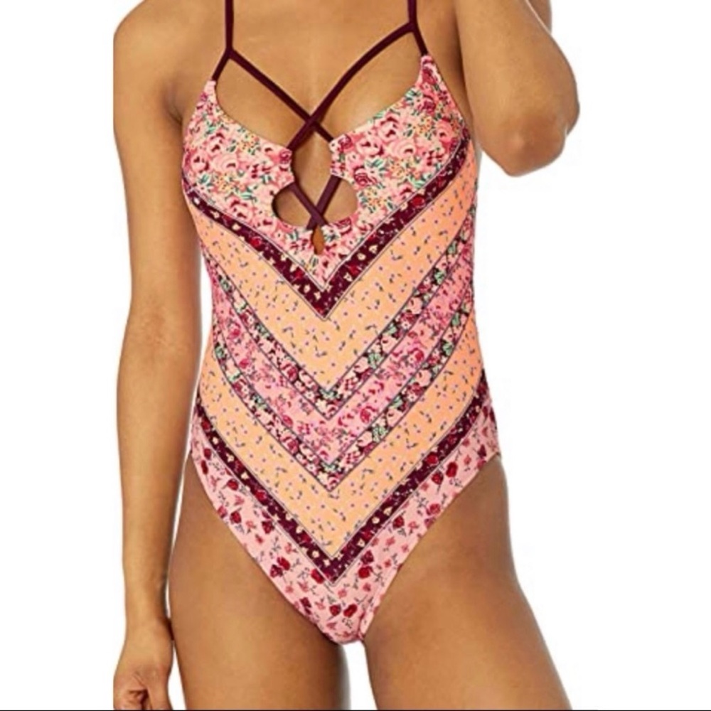 CALIFORNIA SUNSHINE One Piece Swimsuit Pink Coral Burgundy Chevron Floral Small